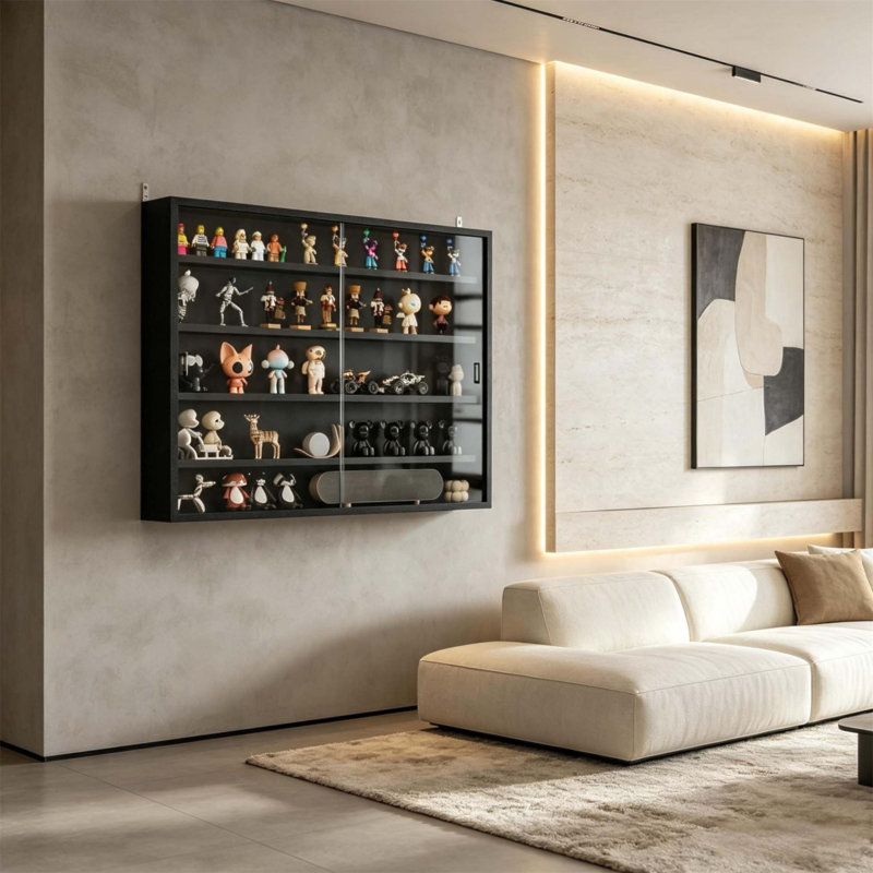 Vitrine murale en verre avec étagères ajustables pour organiser efficacement les objets de collection et optimiser l'espace au sol.
