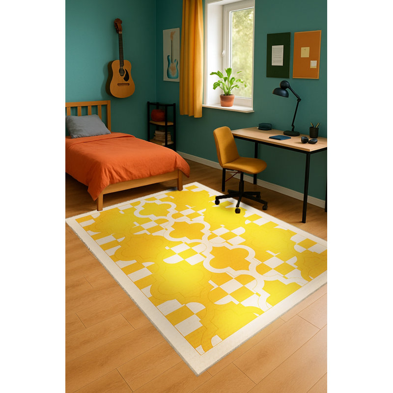 Tapis jaune tissé à motif floral lavable Mosso, 4'11" x 7'7"