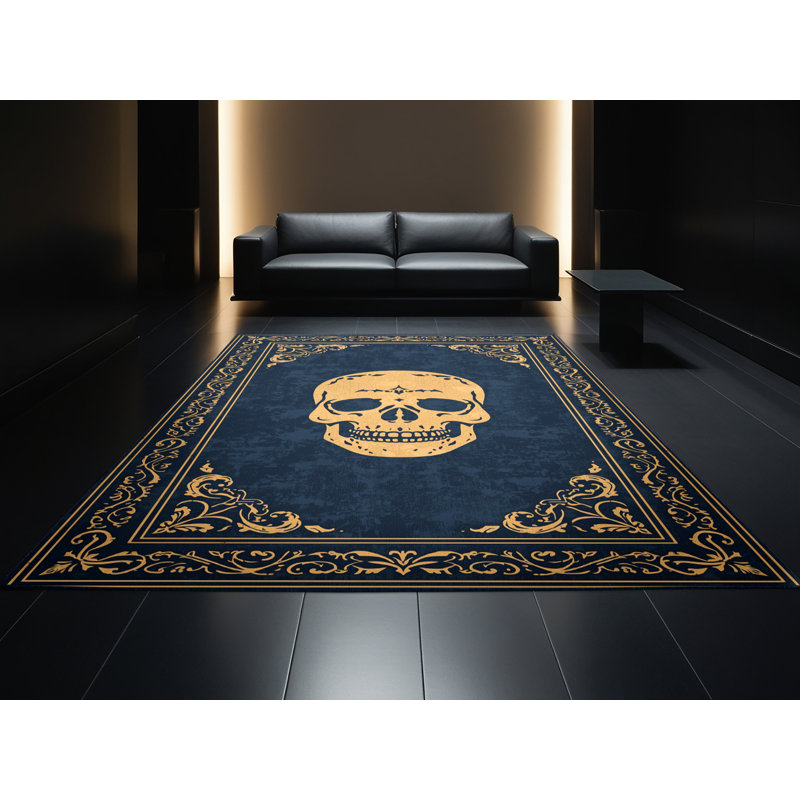Machine Washable Ahart Halloween Modern & Contemporary Abstract Rug in Gray – Navy Binding, 7x9
