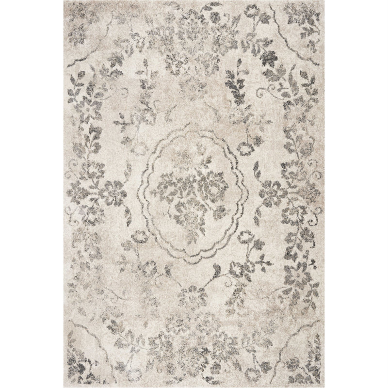 Crosley Gray Floral Distressed Rug, Rectangle 3'3" x 4'11"