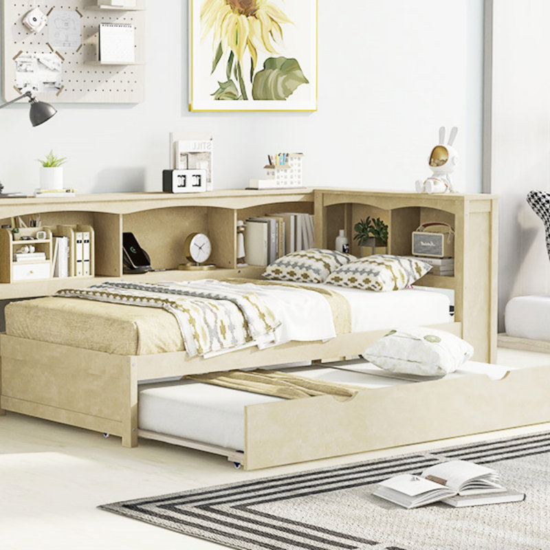 Lit de jour simple avec lit gigogne, armoires de rangement et ports USB (lit de jour), Bois