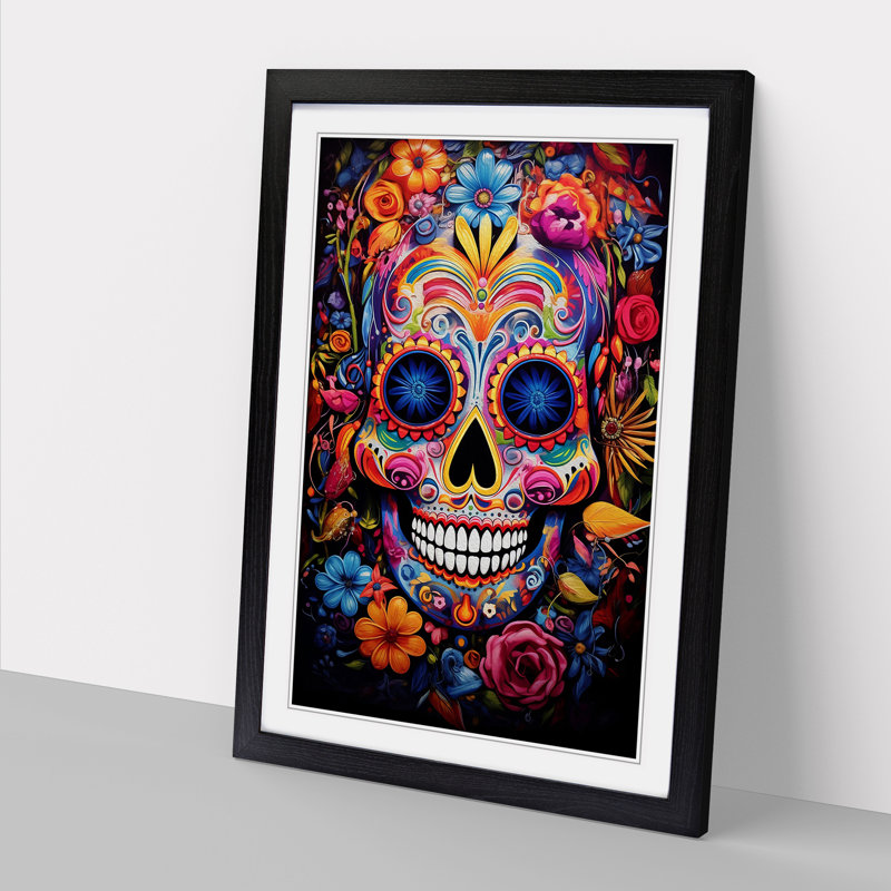 Sugar Skull Expressionism - Single Picture Frame Print on Wood, 34cm H x 25cm W x 2cm D, Black