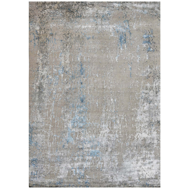 Tapis en laine / viscose abstrait noué à la main beige / bleu clair / gris, Rectangle 8 pi x 10 pi