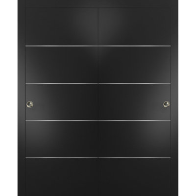 Portes coulissantes de placard Planum 0020 Noir mat, rails robustes, moulures, garnitures, quincaillerie, bois massif, portes de placard de chambre - 72 po x 96 po (2 x 36 x 96 po)