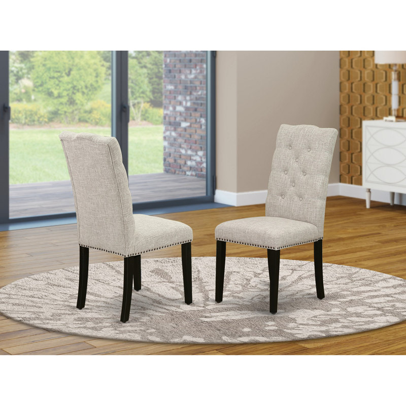 Elsa Parson Dining Room Chairs - Button Tufted Nailhead Trim Doeskin Linen Fabric Padded Chairs, Set of 2, Wirebrushed Black