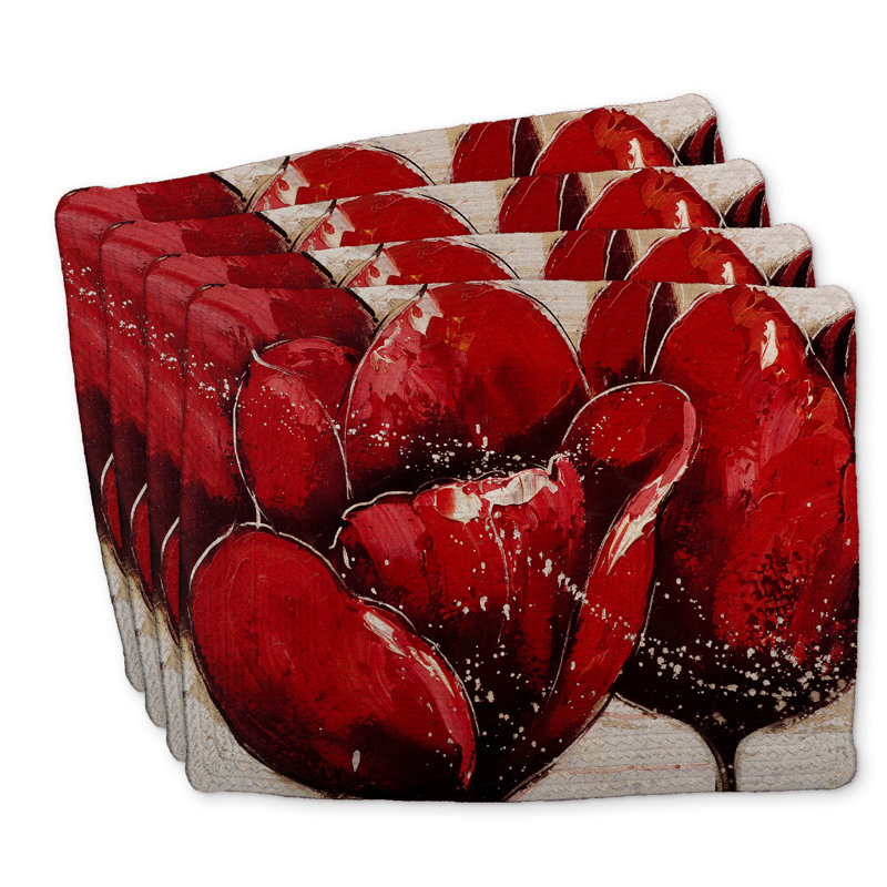 Napperons tressés en polyester - Gros plan de tulipes rouges - ensemble de 4