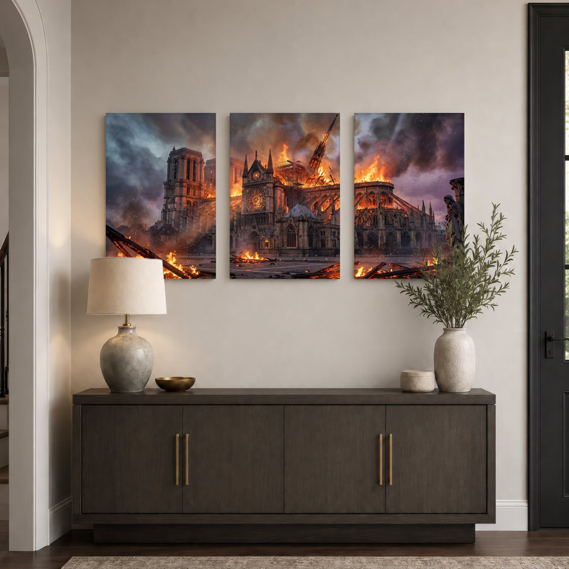 Ensemble de 3 toiles murales représentant une cathédrale gothique en flammes et l'Halloween, 30"H x 20"W x 3pcs