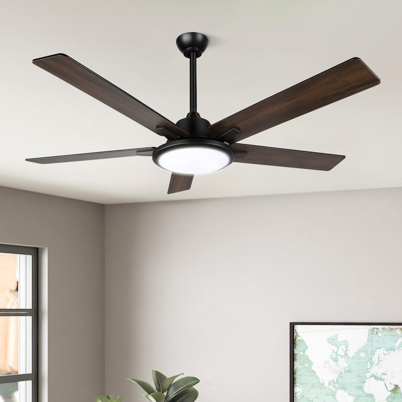 Ventilateur de plafond industriel moderne à 5 pales de 52 po avec lumières DEL et télécommande Cirina, Noir, 44 po de largeur