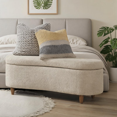 Banc de rangement incurvé à silhouette, revêtement en polyester beige, rangement rabattable à 2 places pour le vestibule et la chambre à coucher