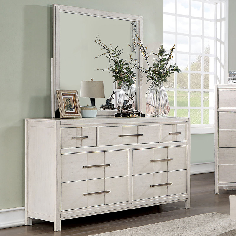 Commode 7 tiroirs avec miroir Cayer, Blanc