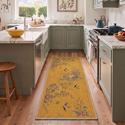 Tapis de couloir floral orange / bleu lavable à la machine avec envers antidérapant