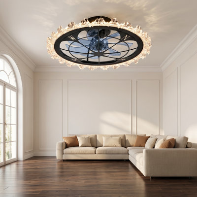 21" Vintage Compass Caged Ceiling Fan with Crystal Rim, Smart App and Remote