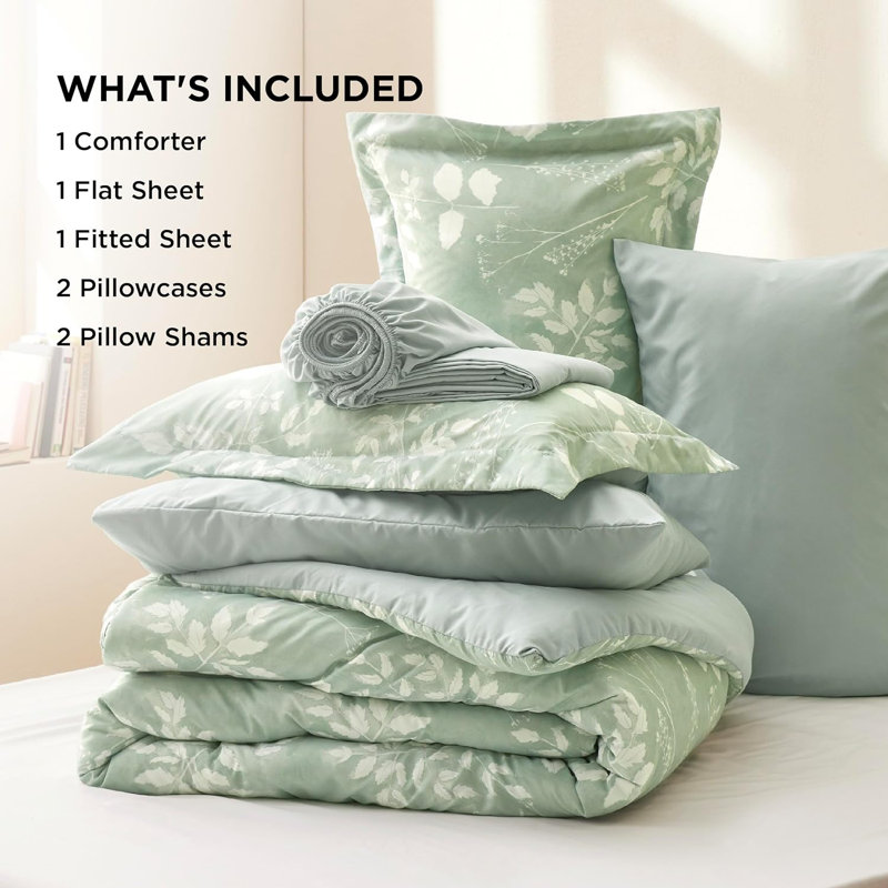 Ensemble de literie à motif floral vert sauge 7 pièces pour très grand lit , Édredon pour très grand lit + 2 très grandes ta