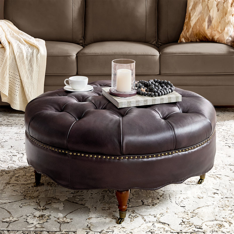 Gerardo 40"W Traditional Genuine Leather Ottoman with Tufted Top Nailhead Trim and Caster Wheels, Espresso