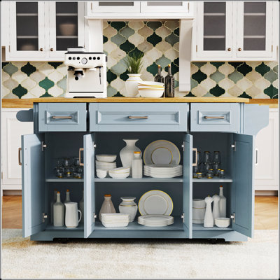 54inch Large Kitchen Island with Rubber Wood Drop Leaf, Rolling Cart on 4 Wheels, 4 Doors, 3 Drawers, and Ample Storage for Kitchen and Dining Room