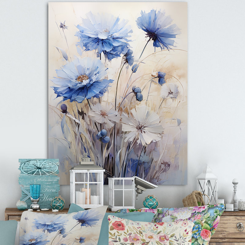 «Minimal Beige and Blue Cornflowers Expression III», reproduction sur toile, H 20 po x l 12 po x P 1 po, Toile tendue