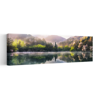 Misty Spring Lake Reflection Peaceful Serene Tranquil Cherry Forest Landscape Wall Art
