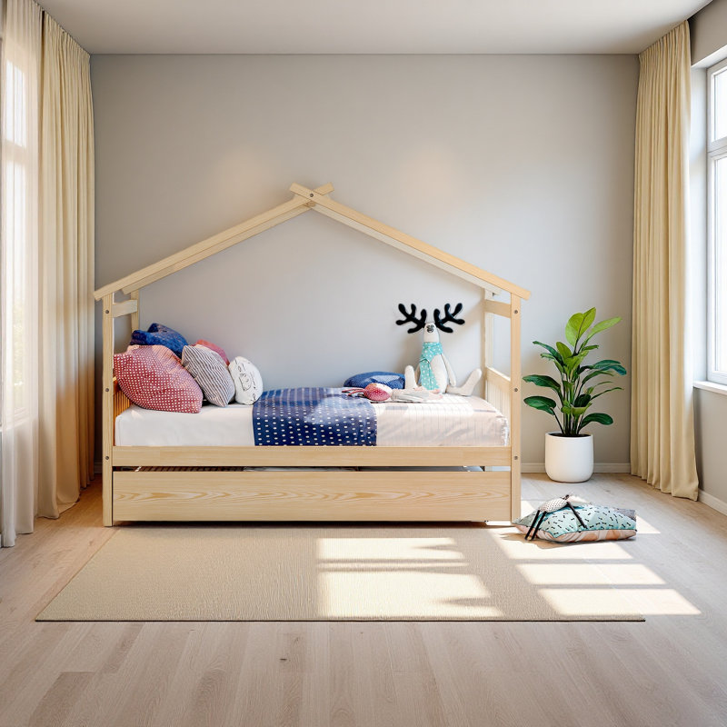 Wooden House Bed With Trundle, Natural, Full