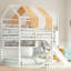 Lit double superposé de style maisonnette avec glissoire à baldaquin et bibliothèque intégrée en bois massif finition blanche-129428089
