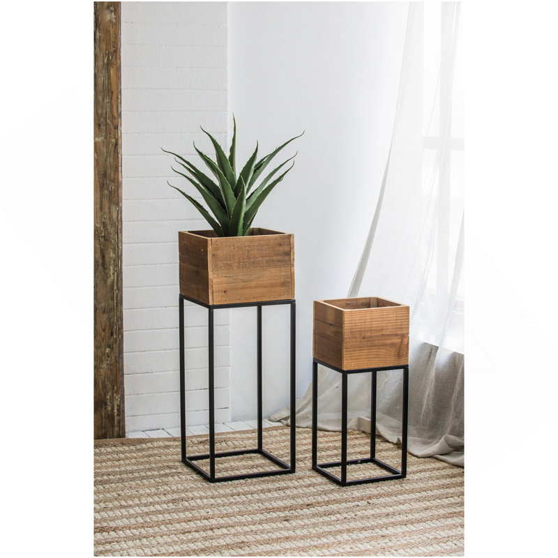Ensemble de 2 boîtes en bois récupéré avec support en fer noir, L 11 x 11 x 29,5 po: 8,5 x 8,5 x 21,5
