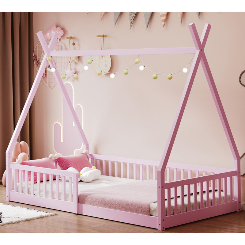Lit simple en bois Wood House Fence, Rose