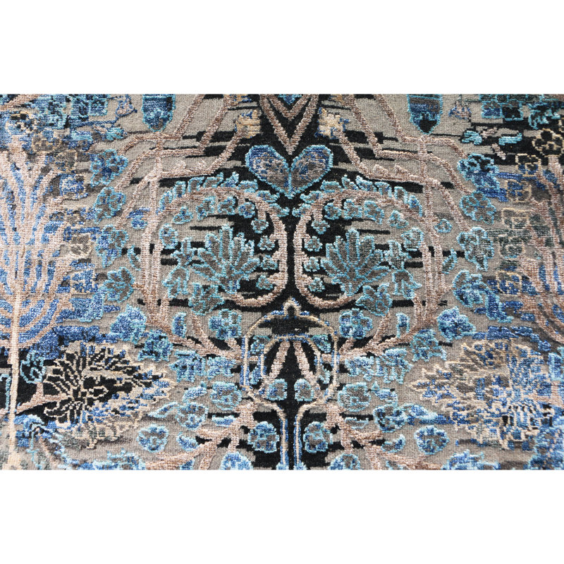 Hand Knotted Damask Area Rug in Blue/Gray/Black, Rectangle 9' x 12'