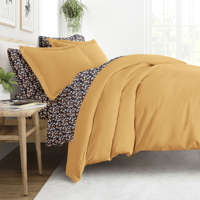 8-Piece Bedding Bundle - Solid Duvet Cover, Comforter Insert, and Patterned Sheet Set, King Bedding Bundle, Gold Floral