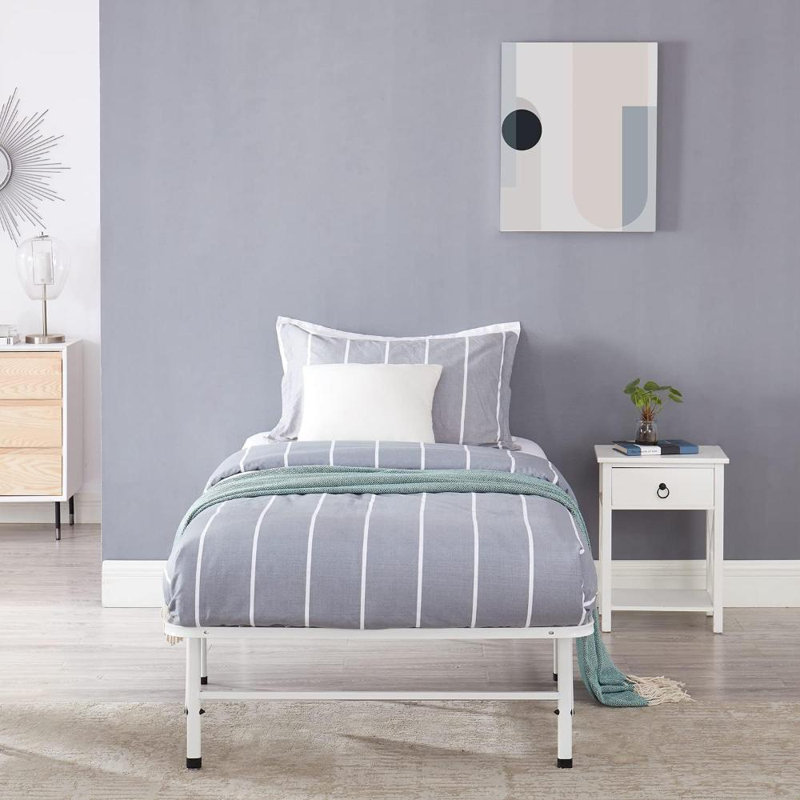 White Twin Foldable Metal Platform Bed Frame with Underbed Storage