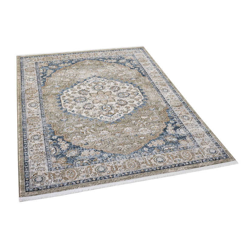 Pritchett Vintage Medallion Muted Sage Olive Tan Rug with Fringe, Rectangle 7'10" x 9'10"