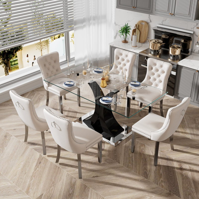 7-Piece Rectangle Tempered Glass Dining Table Set, 7, Beige, Black