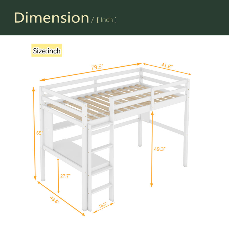 Lit mezzanine simple avec bureau et tablettes, barrière de sécurité et échelle, Blanc