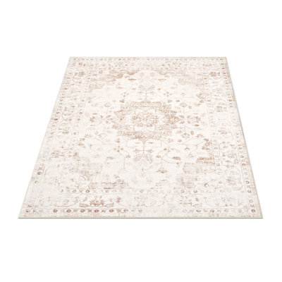 Tapis lavable beige 9 x 12 pi avec tapis médaillon rétro pour salon, chambre à coucher et salle à manger