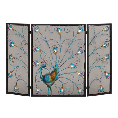 Odakotah Peacock Theme Metal 3 Panel Mesh Fireplace Screen, Multicolor