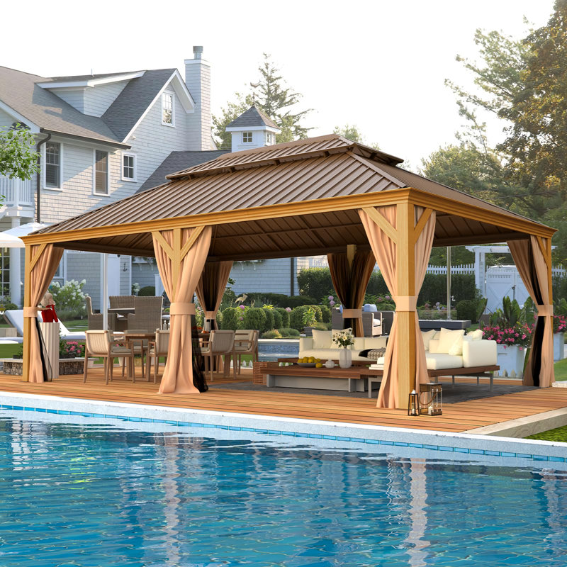 12'x22' Gazebo, Wooden Finish Coated Aluminum Frame Pergola With Double Galvanized Steel Hardtop Roof, Outdoor Permanent Metal Pavilion With Curtains & Nettings For Patio, Backyard And Deck