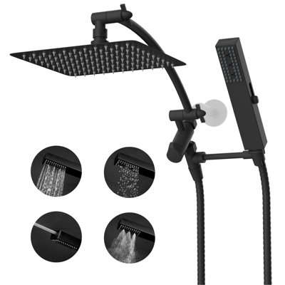 Certified High pressure metal 10-inch rainfall shower head/ handheld shower combo, 4-setting handheld sprayer, 12-inch curved adjustable extension arm, 71-inch stainless steel shower hose, handheld shower holder, Matte Black