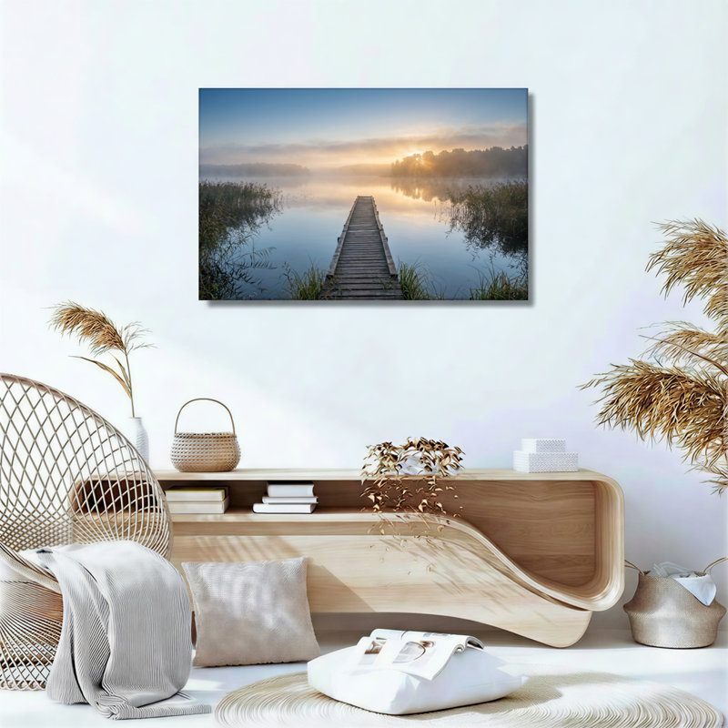 Ensemble de 1 tableau sur toile représentant un lac au lever du soleil, H 20 po x l 30 po, Toile tendue