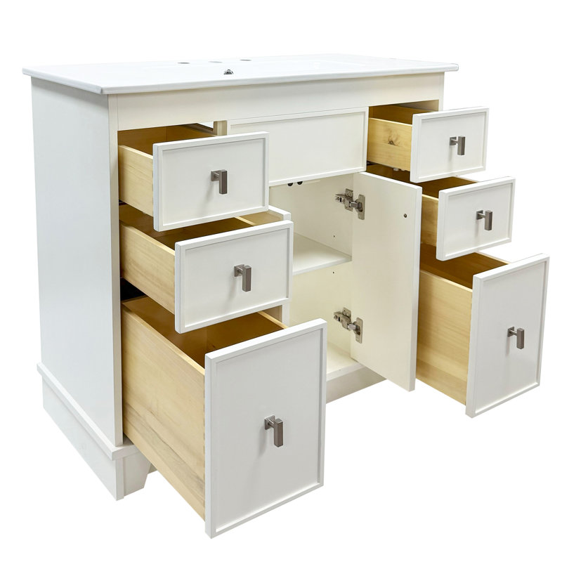 Meuble-lavabo simple 40 po - Finition blanche avec comptoir en céramique blanche, Nickel brossé, Blanc