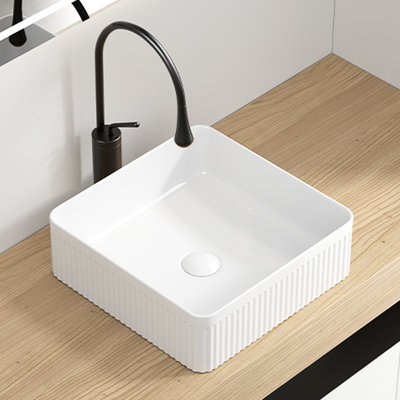 Rectangular Vessel Sink, 15" X 15", White Porcelain Ceramic, Striped Design, Easy To Clean And Maintain, Modern Aesthetic Upgrade Bathroom 15X15 Inches, Versatile For Different Countertops, Smooth