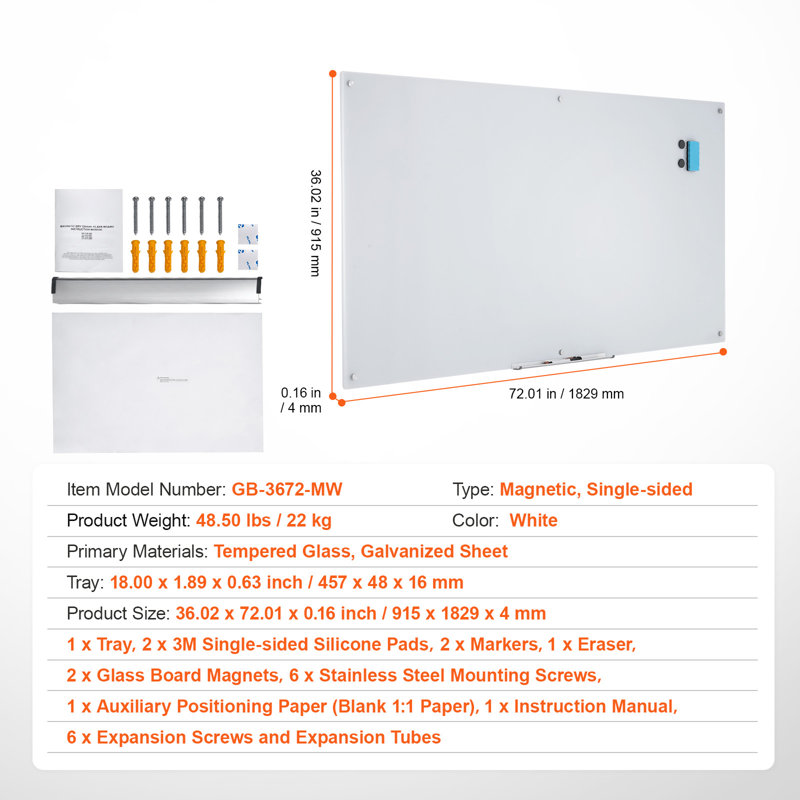 Tableau blanc magnétique en verre, 36,02 po x 72,01 po, Transparent