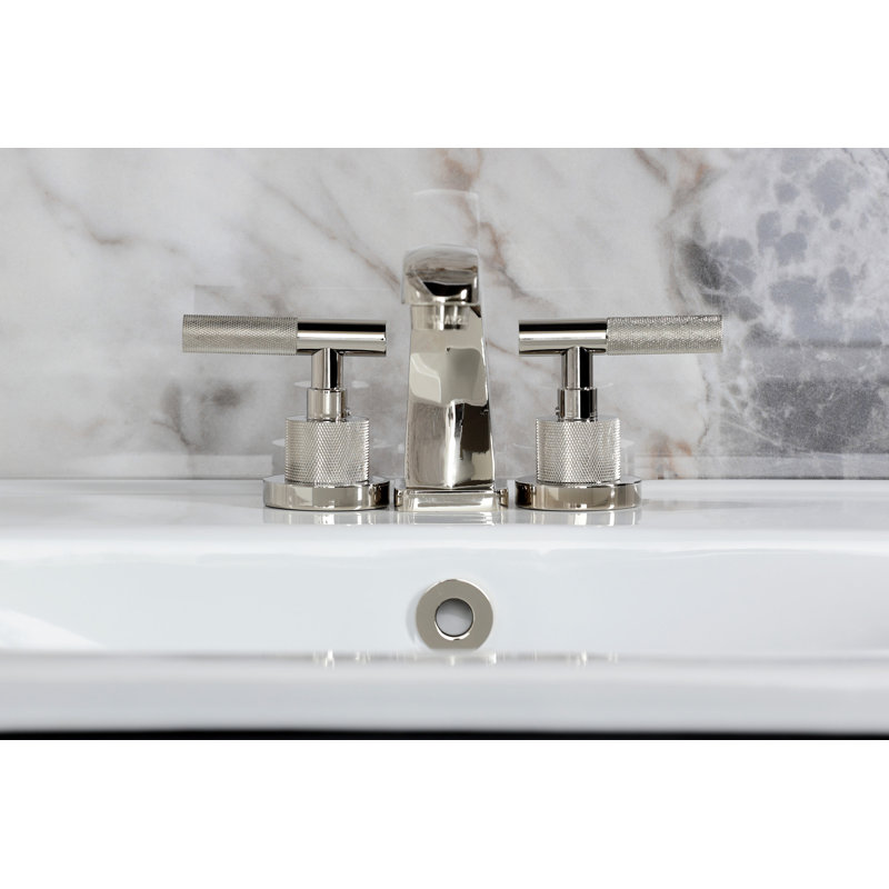 Kingston Brass Convergent Two-Handle 3-Hole Deck Mount Widespread Bathroom Faucet with Knurled Handle and Brass Pop-Up Drain