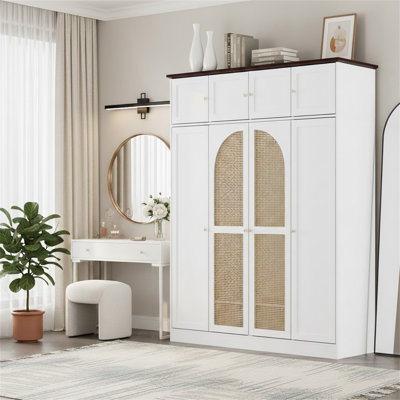 Armoire-penderie à grande capacité de 70,87 po à 8 portes avec tringle à penderie, tablettes réglables et portes décoratives en rotin, armoire de rangement pour vêtements pour chambre à coucher, penderie, salon