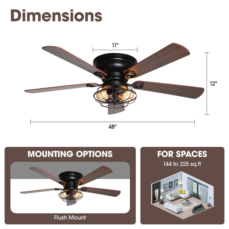 Ventilateur de plafond encastré à 5 pales de 48 po avec télécommande et ensemble d'éclairage inclus Hentges