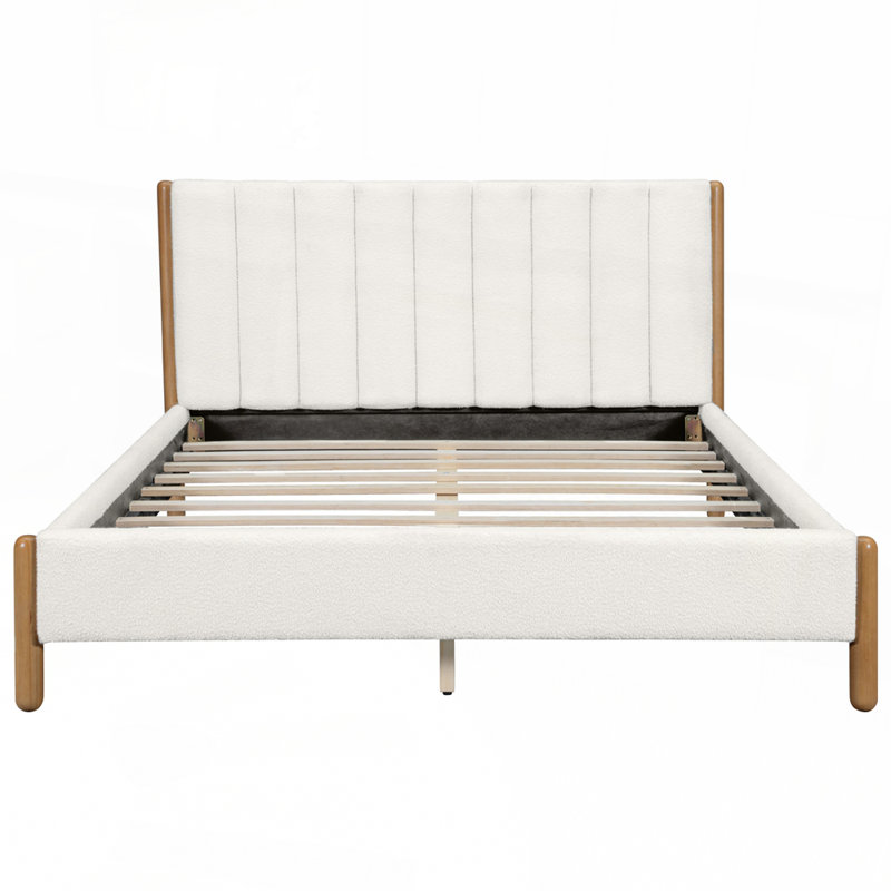 Luxueux cadre de lit rembourré Boucle avec tête de lit épaisse et pieds en bois massif pour un décor de chambre à coucher élégant