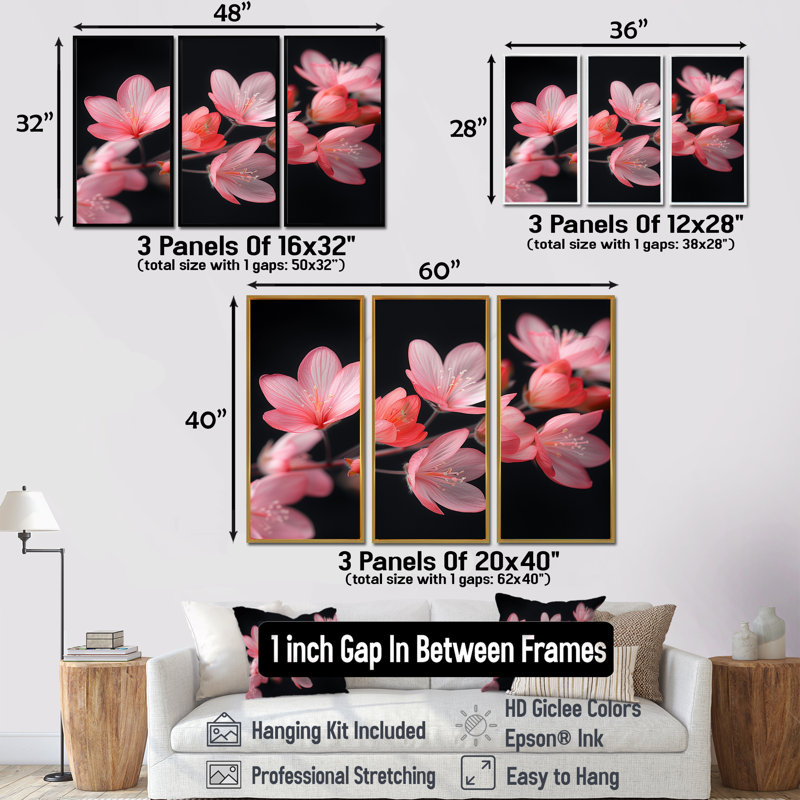 Garden Whimsy Cherry Blossoms - Ensemble d'art mural fleur de cerisier, H 28 po x l 36 po x P 1 po