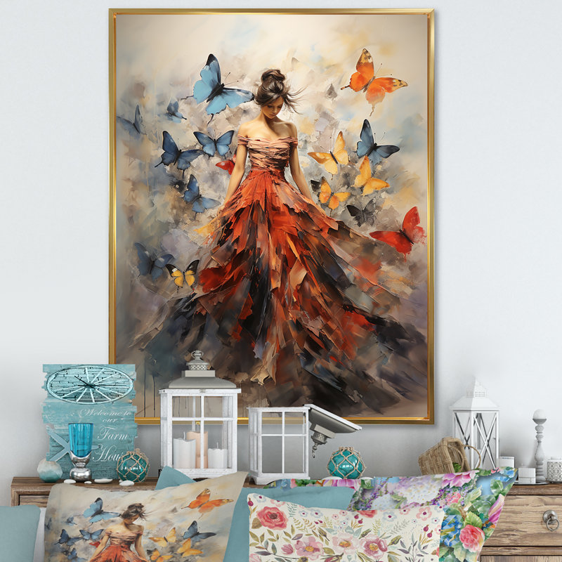 Papillon et femme dansant I - art mural papillon, H 20 po x l 12 po, Reproduction avec cadre flottant, Doré