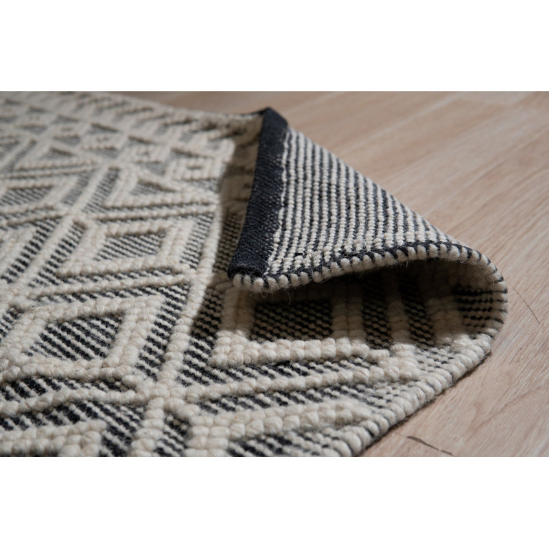 8x0 Black Hand-Knotted Wool Diamond Gridlock Geometric Modern Contemporary Carpet Rug