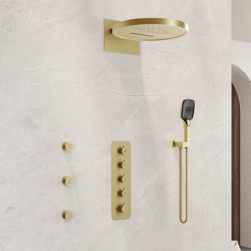 Ancoats 16" Wall Mounted Thermostatic Complete Shower System with 3-Function Handheld Spray and 3 Body Jets, Brushed Gold