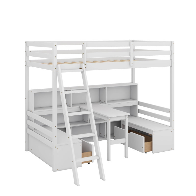 Lit mezzanine simple avec tablettes de rangement, tiroirs, siège et bureau, Blanc