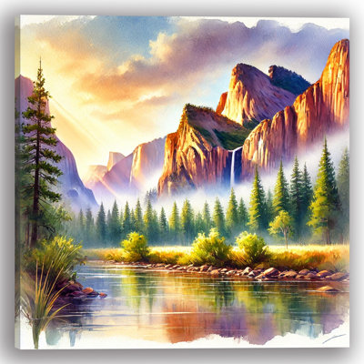 Yosemite Valley with Waterfall at Sunrise Wrapped Canvas Wall Art