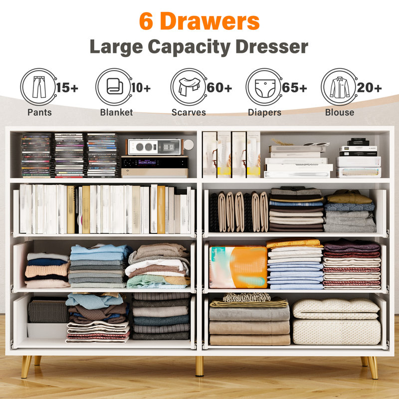 Kyrhys 6 - Drawers Bedroom Dresser, Wood Closet Dresser, Chest of Drawers with LED Light, White